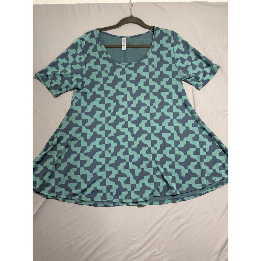 Lula Roe blue abstract‎ patterned flared shirt, short sleeve top, women's small